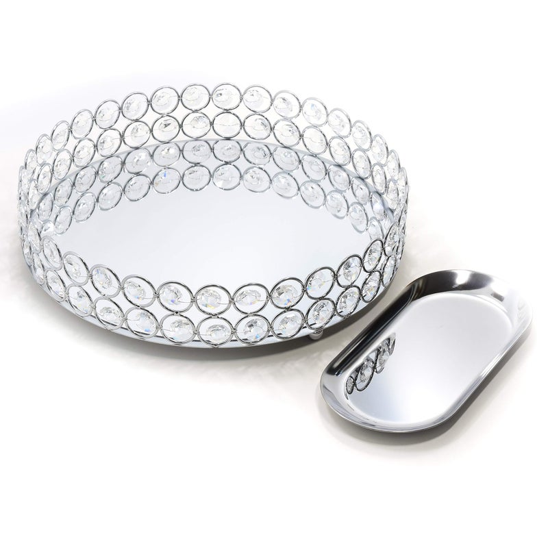 LINDLEMANN Crystal Decorative Tray Metal Mirrored Perfume Cosmetic Organizer Jewelry Trinket Display Storage Vanity Trays Home DÃ©cor Accents Luxury Gift (Round, 10in, Silver) - Image 1